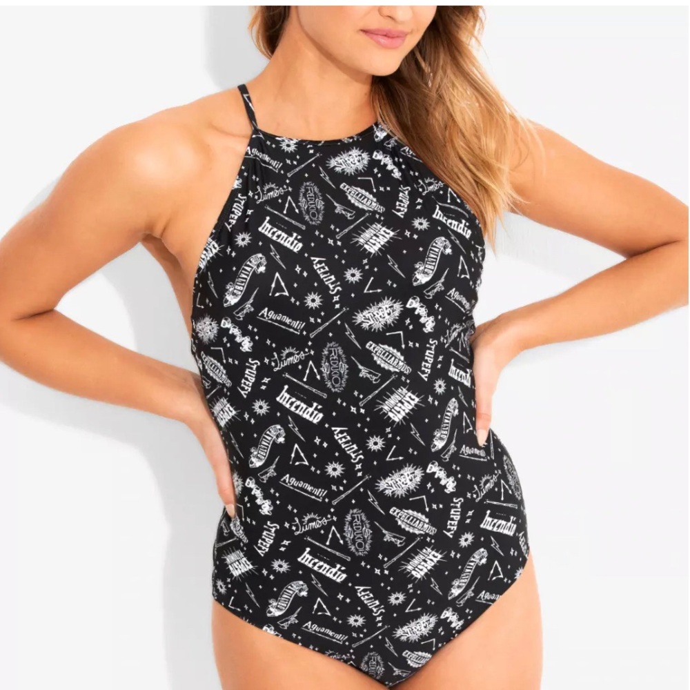 Harry Potter Spells One-Piece Low Back Black Swim